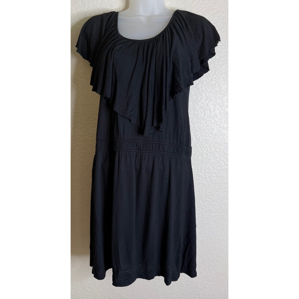 Buffalo M Dress Black Ruffle Elastic Waist Short Sleeve Mini Scoop Neck Chic NEW